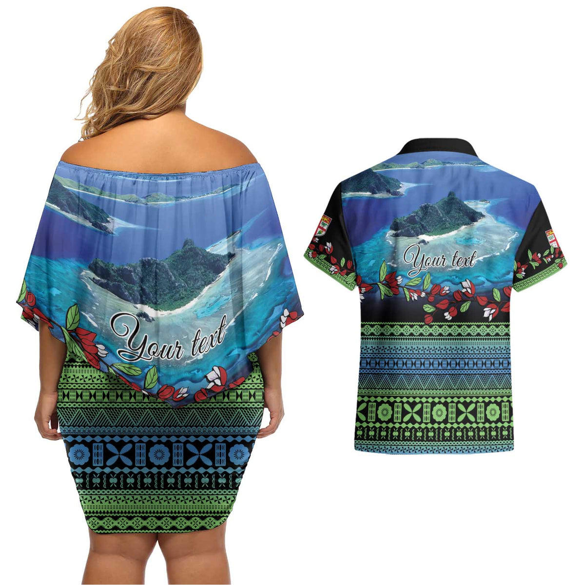 Personalised Fiji Viti Levu Couples Matching Off Shoulder Short Dress and Hawaiian Shirt Tagimoucia and Tapa Tribal Pattern LT9 - Polynesian Pride