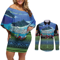 Personalised Fiji Viti Levu Couples Matching Off Shoulder Short Dress and Long Sleeve Button Shirt Tagimoucia and Tapa Tribal Pattern LT9 Blue - Polynesian Pride