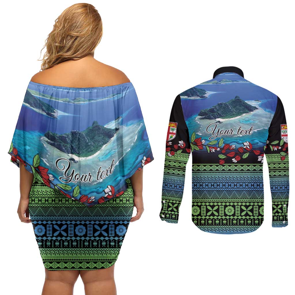 Personalised Fiji Viti Levu Couples Matching Off Shoulder Short Dress and Long Sleeve Button Shirt Tagimoucia and Tapa Tribal Pattern LT9 - Polynesian Pride