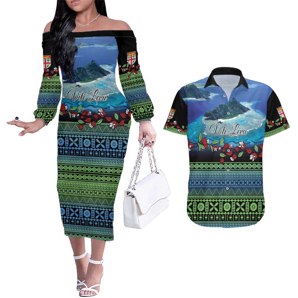Personalised Fiji Viti Levu Couples Matching Off The Shoulder Long Sleeve Dress and Hawaiian Shirt Tagimoucia and Tapa Tribal Pattern LT9 Blue - Polynesian Pride