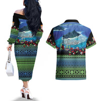 Personalised Fiji Viti Levu Couples Matching Off The Shoulder Long Sleeve Dress and Hawaiian Shirt Tagimoucia and Tapa Tribal Pattern LT9 - Polynesian Pride