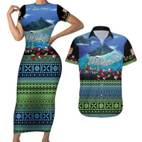 Personalised Fiji Viti Levu Couples Matching Short Sleeve Bodycon Dress and Hawaiian Shirt Tagimoucia and Tapa Tribal Pattern LT9 Blue - Polynesian Pride