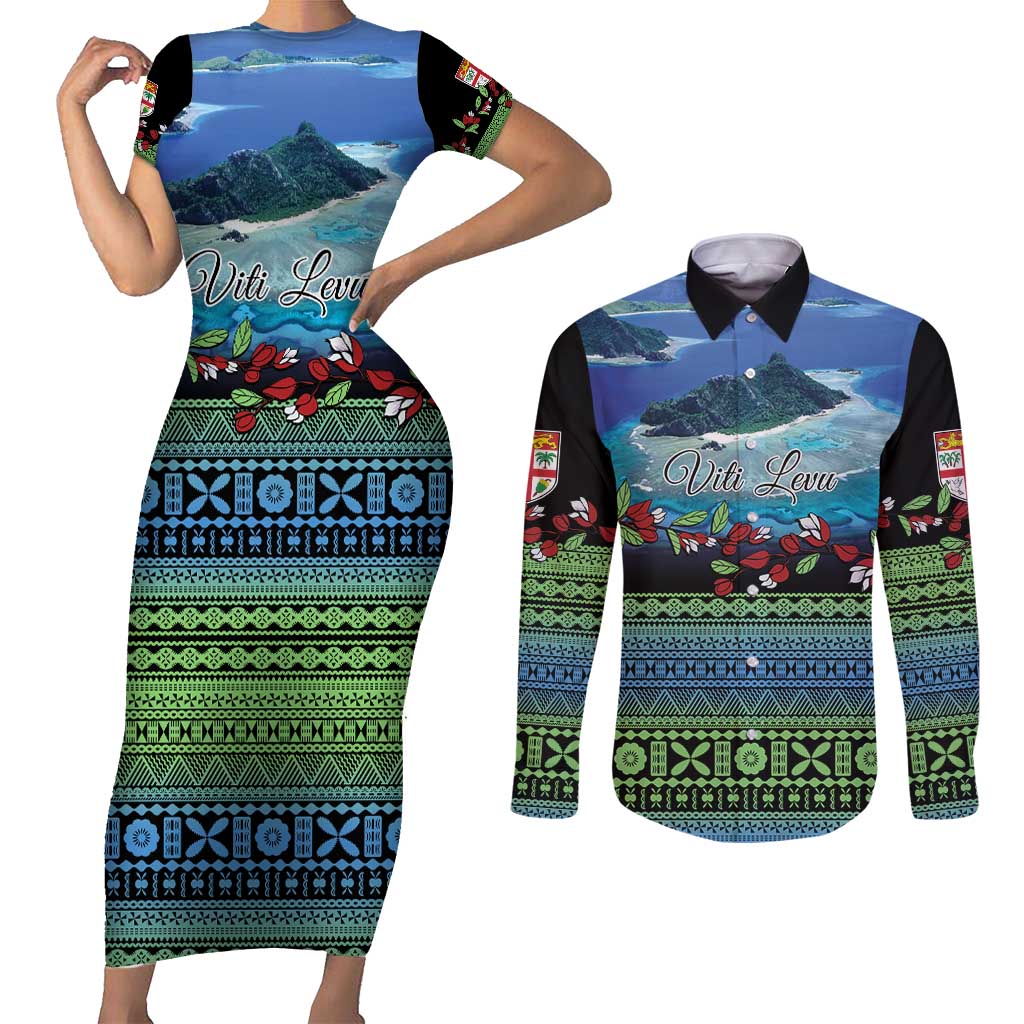 Personalised Fiji Viti Levu Couples Matching Short Sleeve Bodycon Dress and Long Sleeve Button Shirt Tagimoucia and Tapa Tribal Pattern LT9 Blue - Polynesian Pride