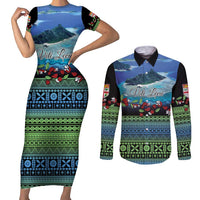 Personalised Fiji Viti Levu Couples Matching Short Sleeve Bodycon Dress and Long Sleeve Button Shirt Tagimoucia and Tapa Tribal Pattern LT9 Blue - Polynesian Pride