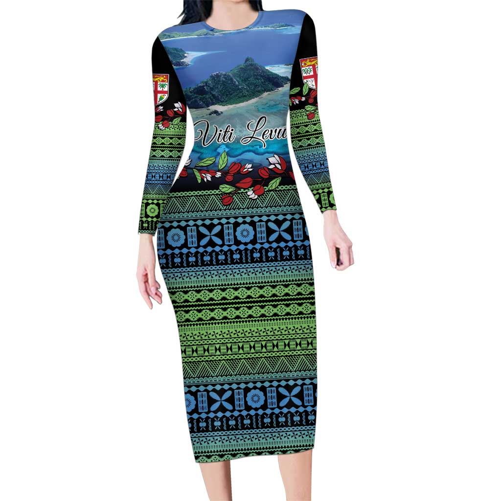 Personalised Fiji Viti Levu Family Matching Long Sleeve Bodycon Dress and Hawaiian Shirt Tagimoucia and Tapa Tribal Pattern LT9 Mom's Dress Blue - Polynesian Pride