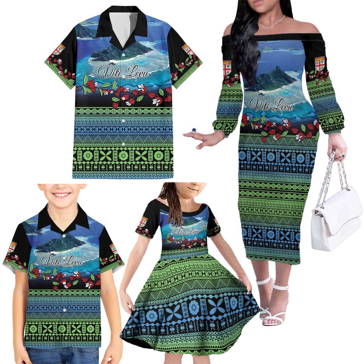 Personalised Fiji Viti Levu Family Matching Off The Shoulder Long Sleeve Dress and Hawaiian Shirt Tagimoucia and Tapa Tribal Pattern LT9 - Polynesian Pride