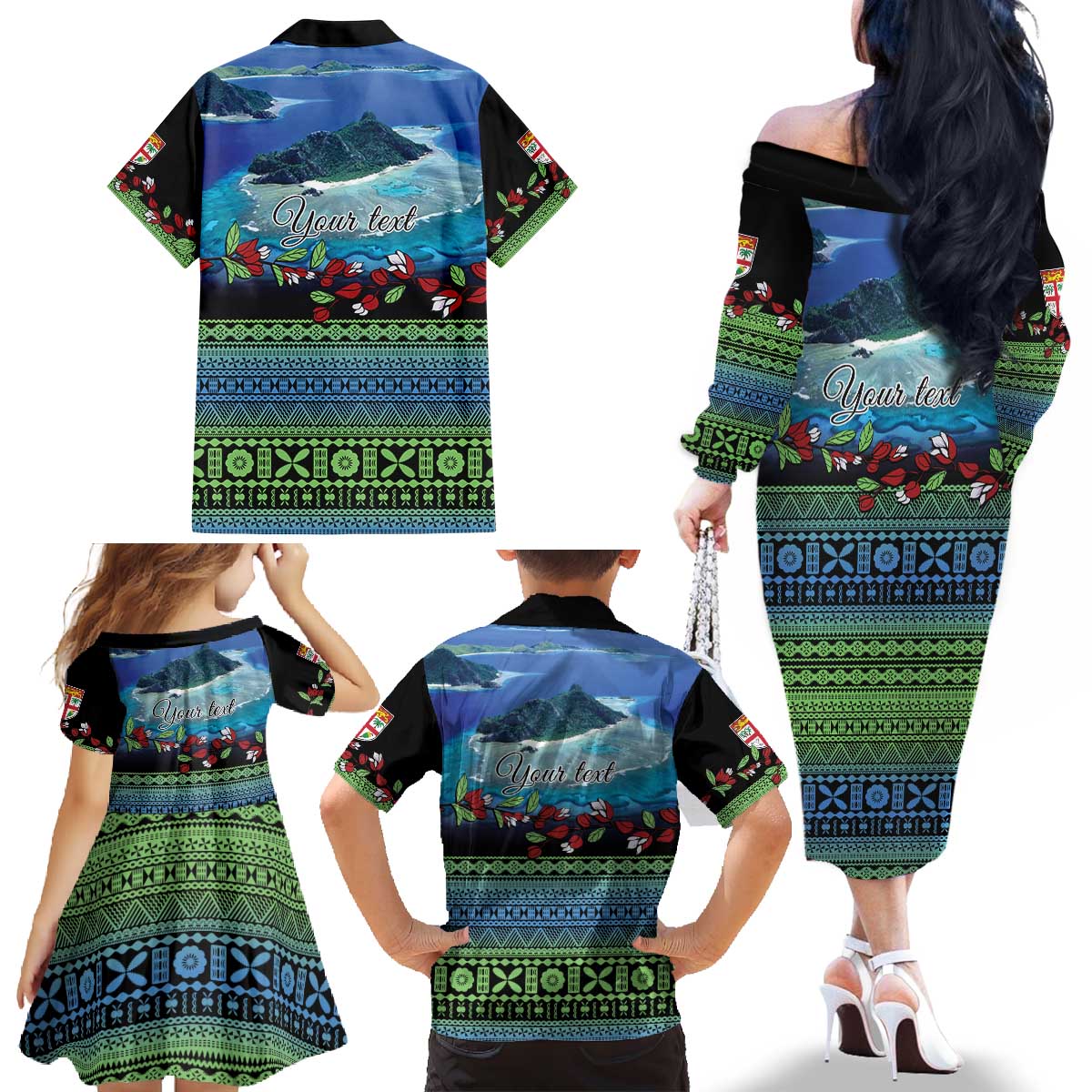 Personalised Fiji Viti Levu Family Matching Off The Shoulder Long Sleeve Dress and Hawaiian Shirt Tagimoucia and Tapa Tribal Pattern LT9 - Polynesian Pride