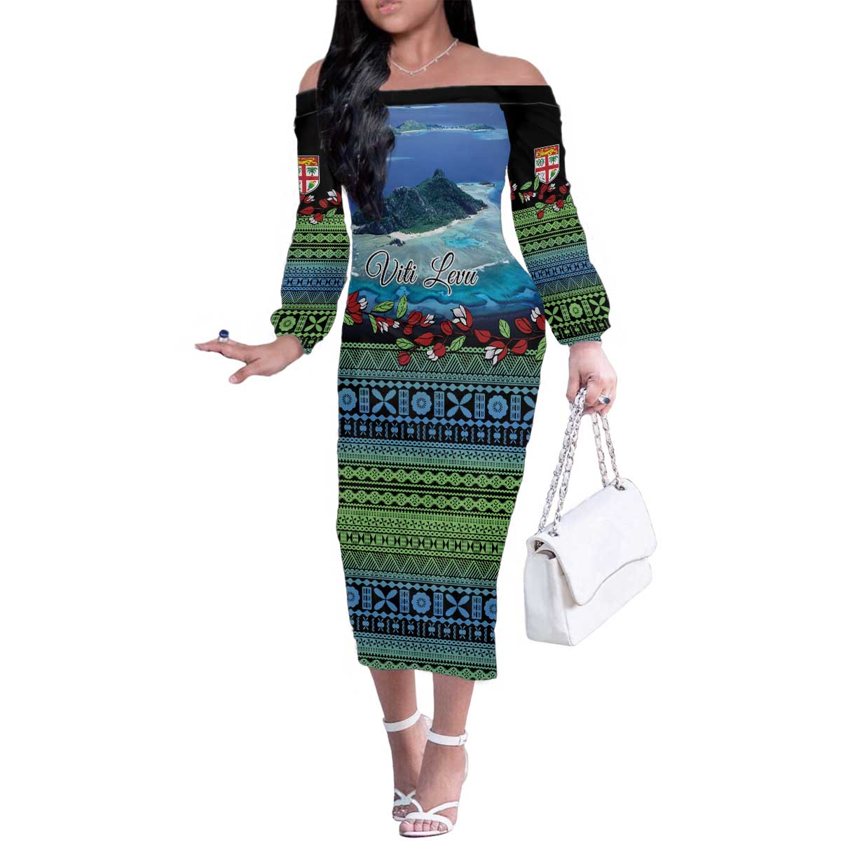 Personalised Fiji Viti Levu Family Matching Off The Shoulder Long Sleeve Dress and Hawaiian Shirt Tagimoucia and Tapa Tribal Pattern LT9 Mom's Dress Blue - Polynesian Pride
