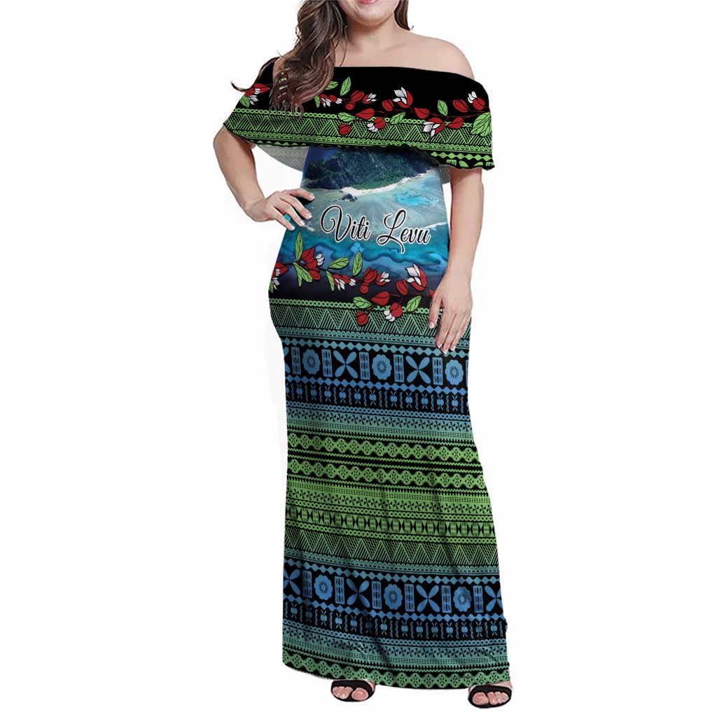 Personalised Fiji Viti Levu Family Matching Off Shoulder Maxi Dress and Hawaiian Shirt Tagimoucia and Tapa Tribal Pattern LT9 Mom's Dress Blue - Polynesian Pride