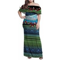 Personalised Fiji Viti Levu Family Matching Off Shoulder Maxi Dress and Hawaiian Shirt Tagimoucia and Tapa Tribal Pattern LT9 Mom's Dress Blue - Polynesian Pride
