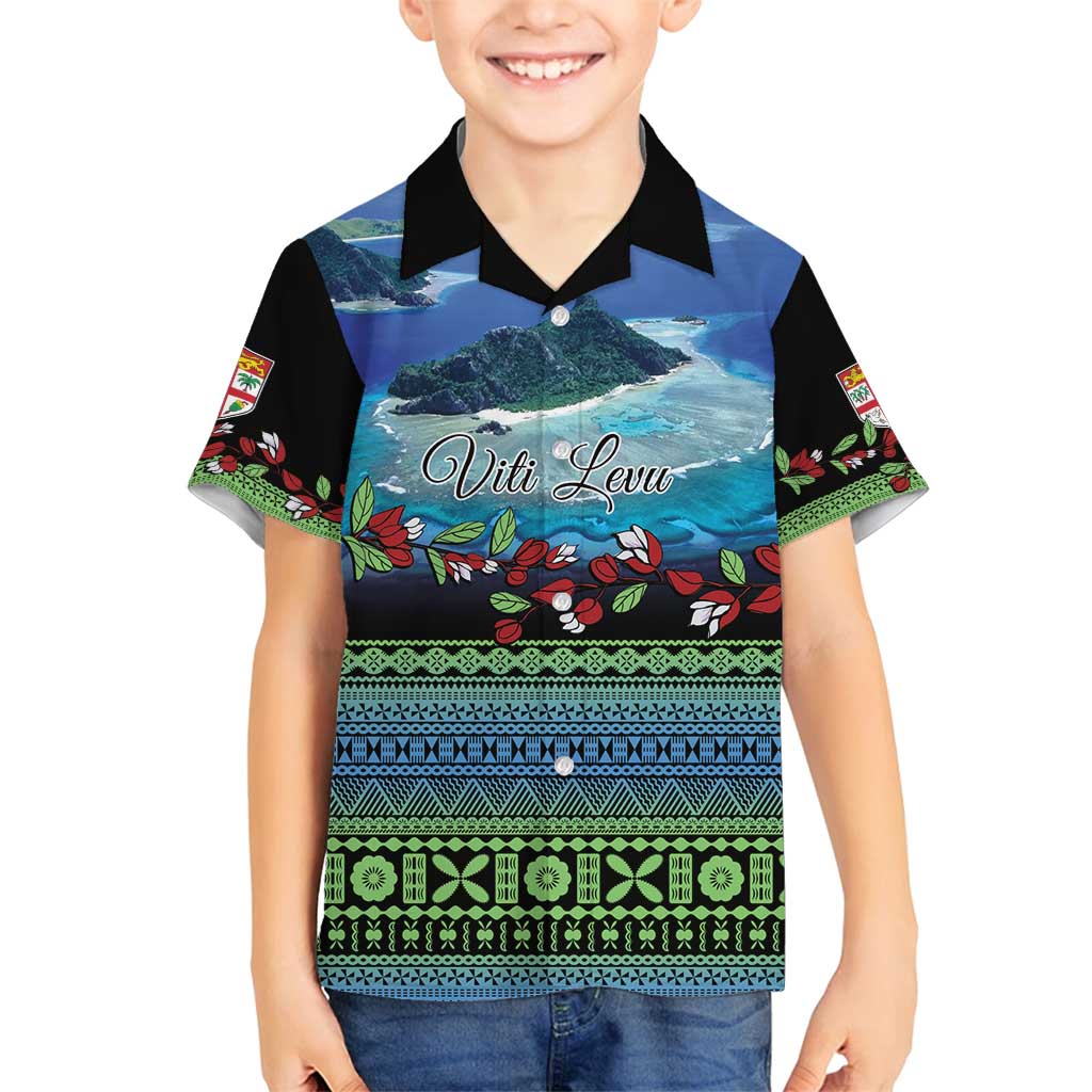 Personalised Fiji Viti Levu Family Matching Off Shoulder Maxi Dress and Hawaiian Shirt Tagimoucia and Tapa Tribal Pattern LT9 Son's Shirt Blue - Polynesian Pride