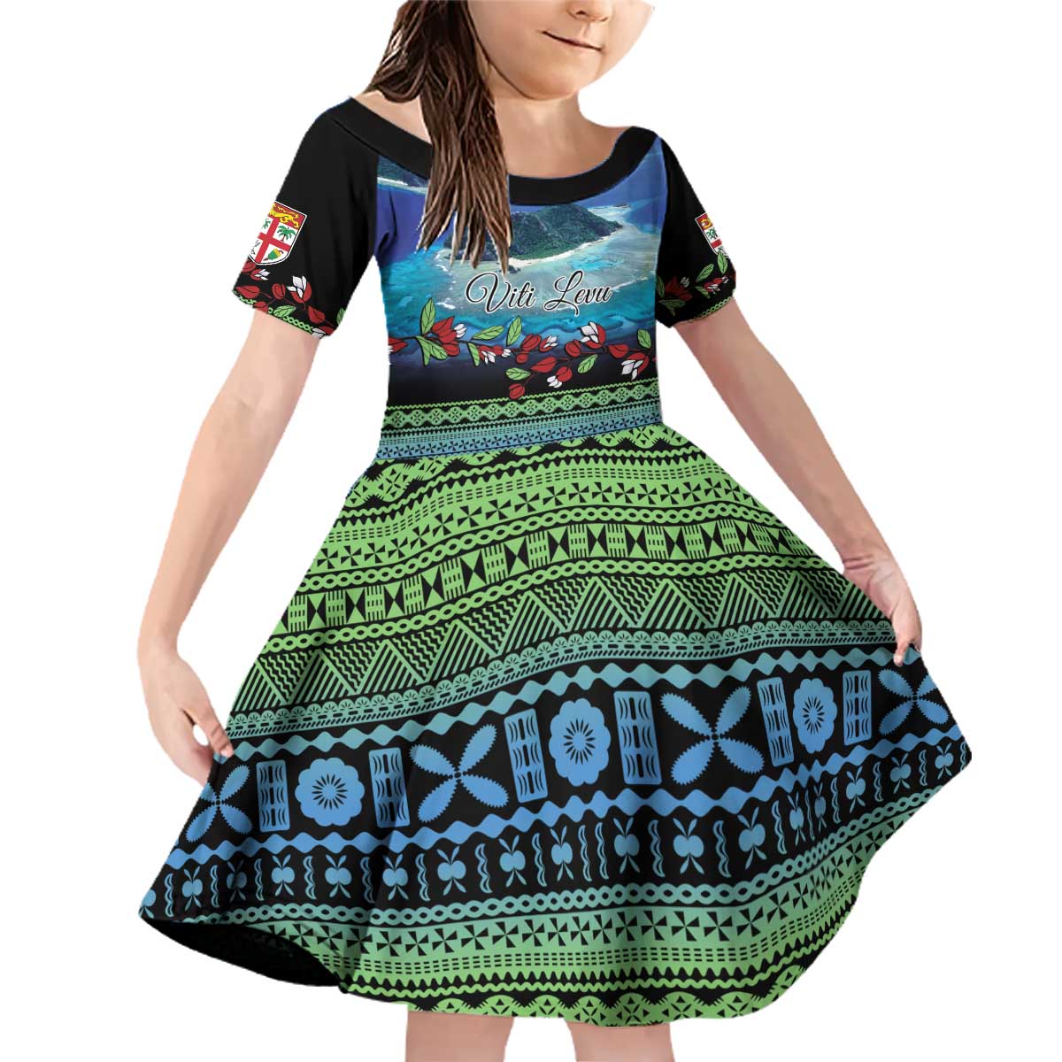 Personalised Fiji Viti Levu Family Matching Off Shoulder Short Dress and Hawaiian Shirt Tagimoucia and Tapa Tribal Pattern LT9 Daughter's Dress Blue - Polynesian Pride