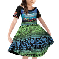 Personalised Fiji Viti Levu Family Matching Off Shoulder Short Dress and Hawaiian Shirt Tagimoucia and Tapa Tribal Pattern LT9 Daughter's Dress Blue - Polynesian Pride