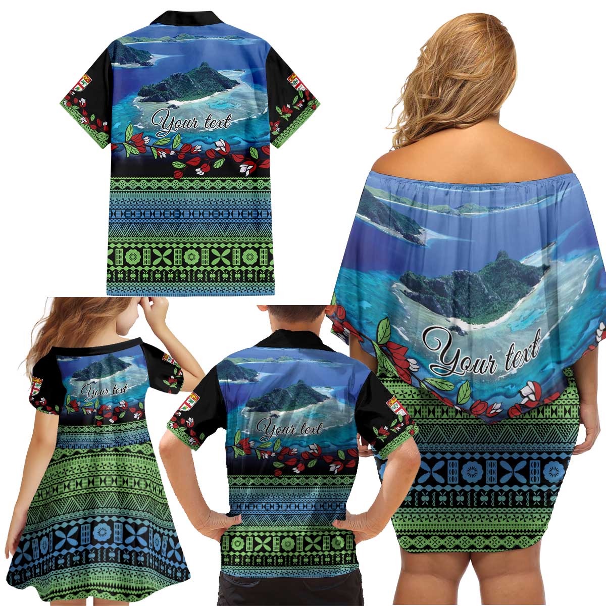 Personalised Fiji Viti Levu Family Matching Off Shoulder Short Dress and Hawaiian Shirt Tagimoucia and Tapa Tribal Pattern LT9 - Polynesian Pride