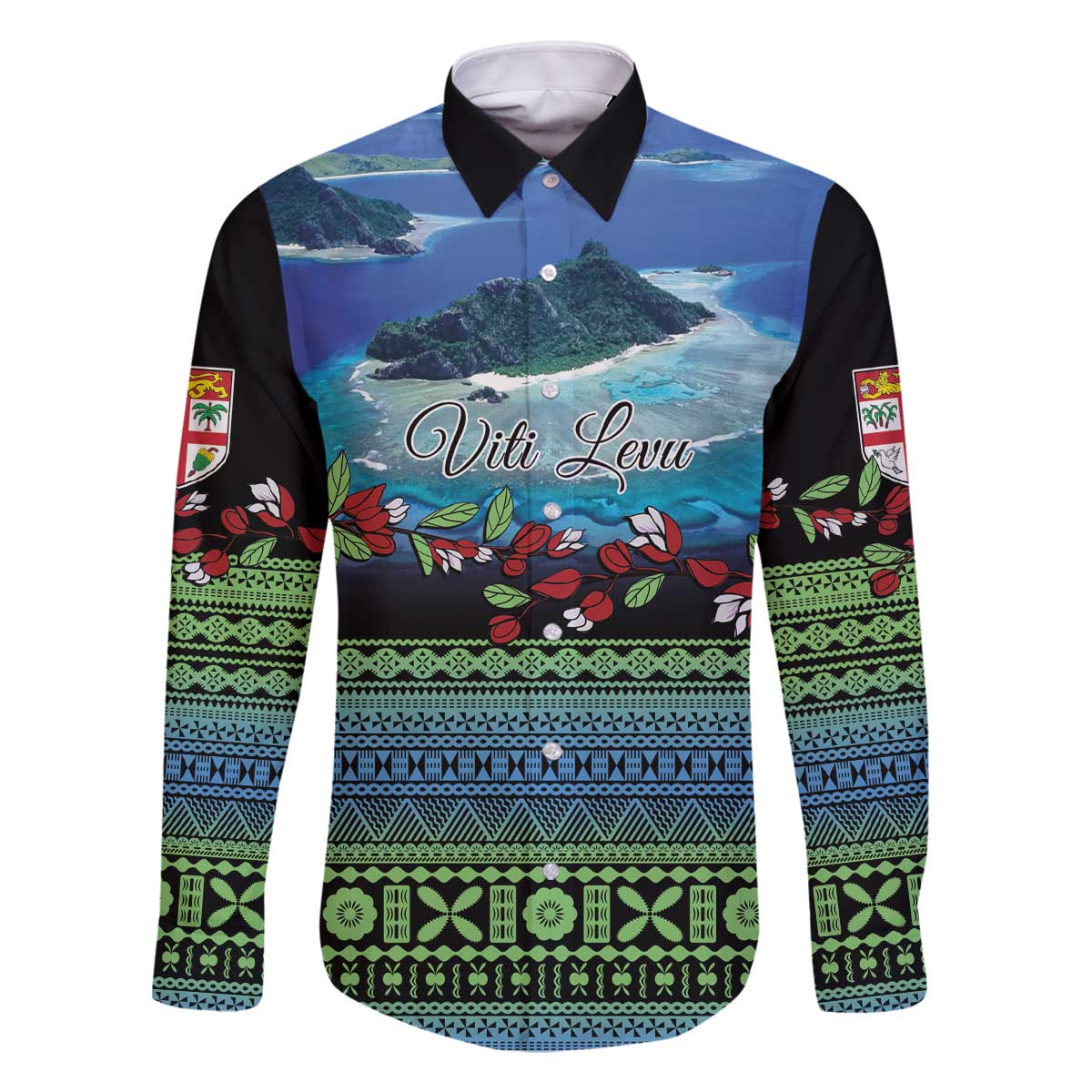 Personalised Fiji Viti Levu Family Matching Off Shoulder Short Dress and Hawaiian Shirt Tagimoucia and Tapa Tribal Pattern LT9 Dad's Shirt - Long Sleeve Blue - Polynesian Pride