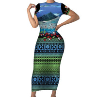 Personalised Fiji Viti Levu Family Matching Short Sleeve Bodycon Dress and Hawaiian Shirt Tagimoucia and Tapa Tribal Pattern LT9 Mom's Dress Blue - Polynesian Pride