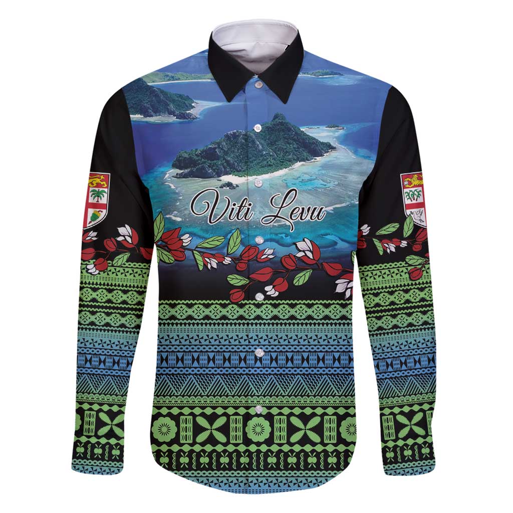 Personalised Fiji Viti Levu Family Matching Summer Maxi Dress and Hawaiian Shirt Tagimoucia and Tapa Tribal Pattern LT9 Dad's Shirt - Long Sleeve Blue - Polynesian Pride