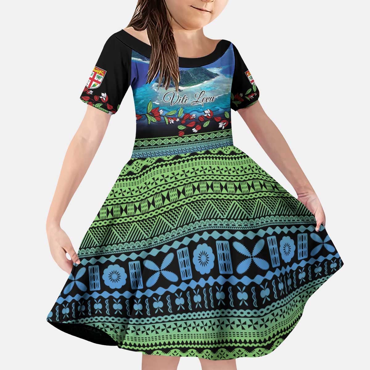 Personalised Fiji Viti Levu Kid Short Sleeve Dress Tagimoucia and Tapa Tribal Pattern LT9 KID Blue - Polynesian Pride