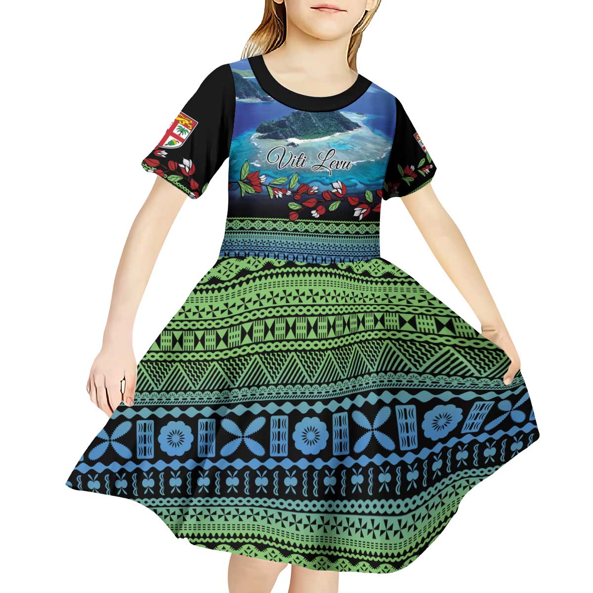 Personalised Fiji Viti Levu Kid Short Sleeve Dress Tagimoucia and Tapa Tribal Pattern LT9 - Polynesian Pride