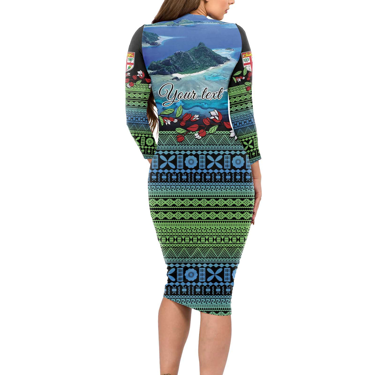 Personalised Fiji Viti Levu Long Sleeve Bodycon Dress Tagimoucia and Tapa Tribal Pattern LT9 - Polynesian Pride