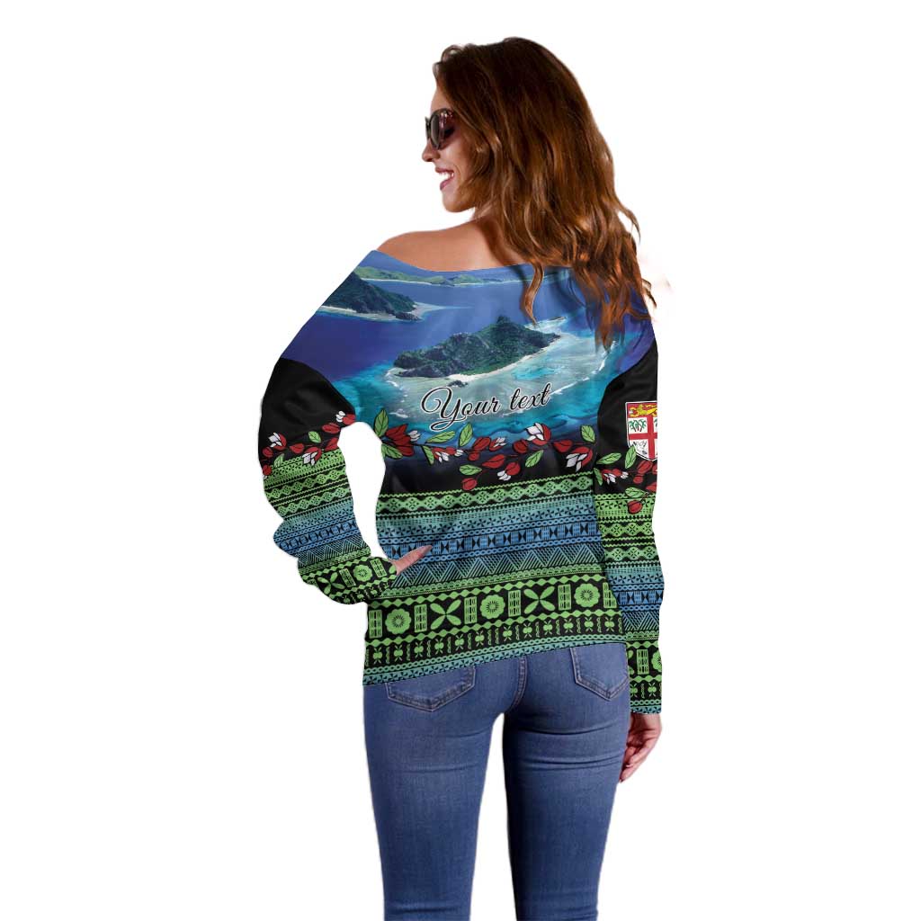 Personalised Fiji Viti Levu Off Shoulder Sweater Tagimoucia and Tapa Tribal Pattern