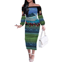 Personalised Fiji Viti Levu Off The Shoulder Long Sleeve Dress Tagimoucia and Tapa Tribal Pattern LT9 Women Blue - Polynesian Pride