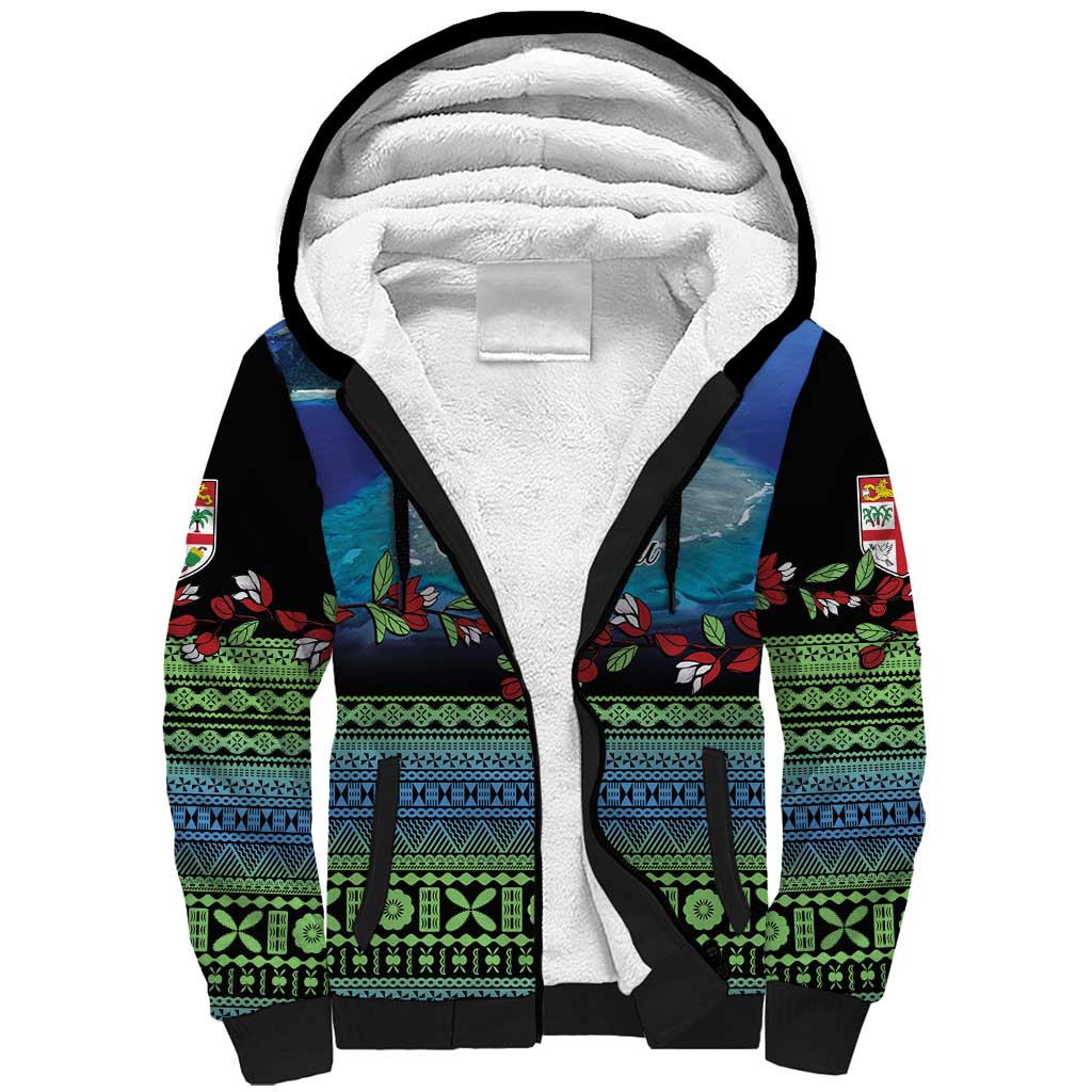 Personalised Fiji Viti Levu Sherpa Hoodie Tagimoucia and Tapa Tribal Pattern LT9 Unisex Blue - Polynesian Pride