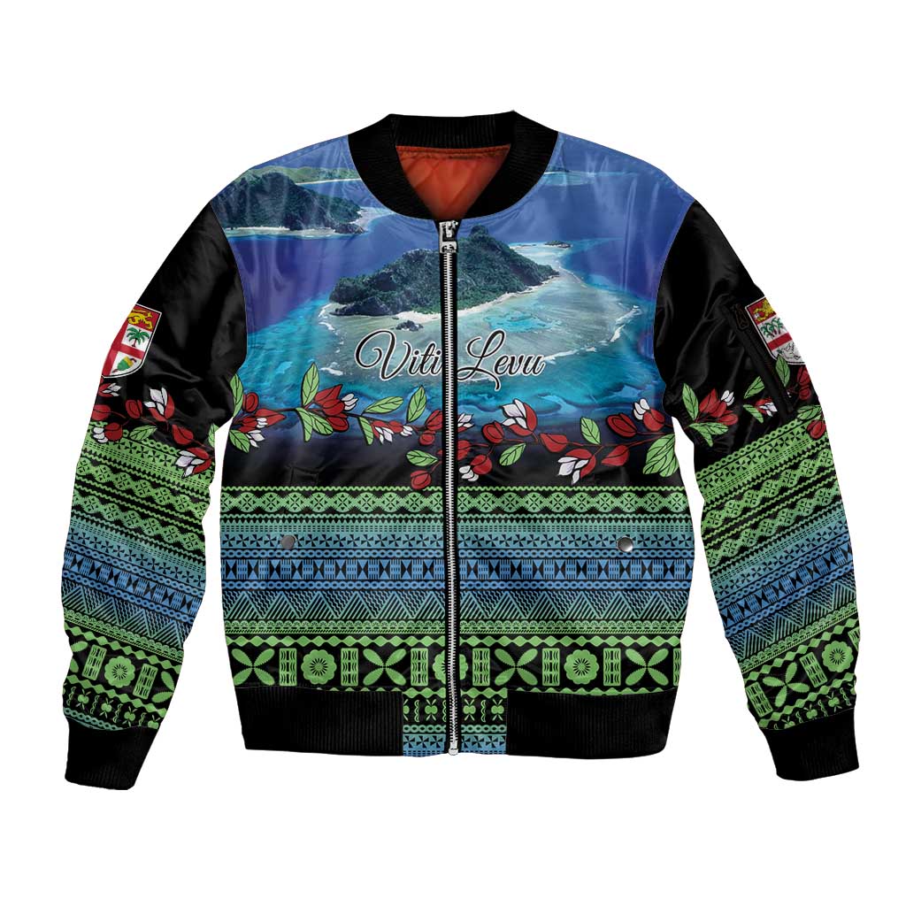 Personalised Fiji Viti Levu Sleeve Zip Bomber Jacket Tagimoucia and Tapa Tribal Pattern LT9 Unisex Blue - Polynesian Pride