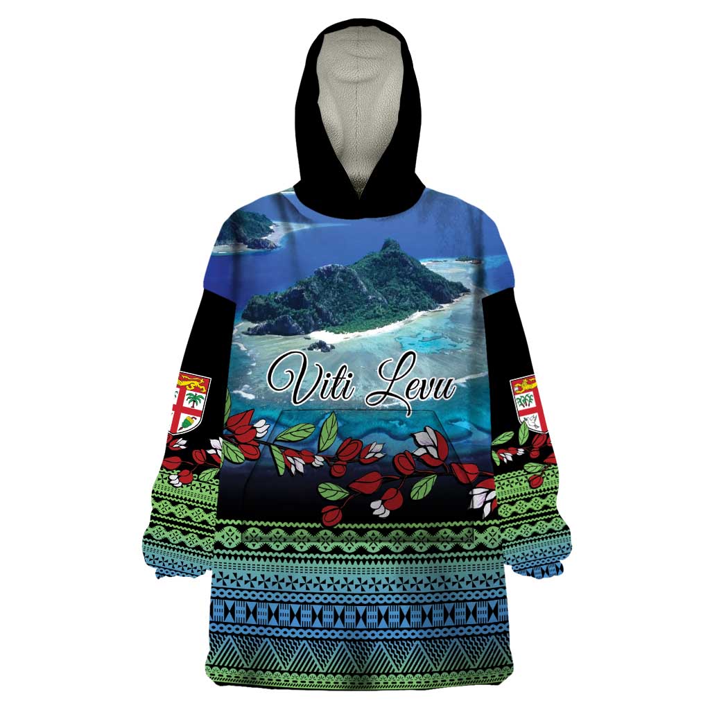Personalised Fiji Viti Levu Wearable Blanket Hoodie Tagimoucia and Tapa Tribal Pattern LT9 One Size Blue - Polynesian Pride