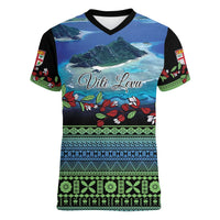 Personalised Fiji Viti Levu Women V-Neck T-Shirt Tagimoucia and Tapa Tribal Pattern LT9 Female Blue - Polynesian Pride