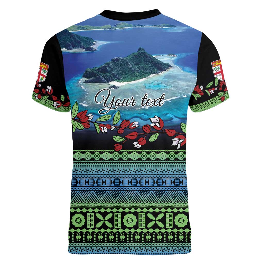 Personalised Fiji Viti Levu Women V-Neck T-Shirt Tagimoucia and Tapa Tribal Pattern LT9 - Polynesian Pride