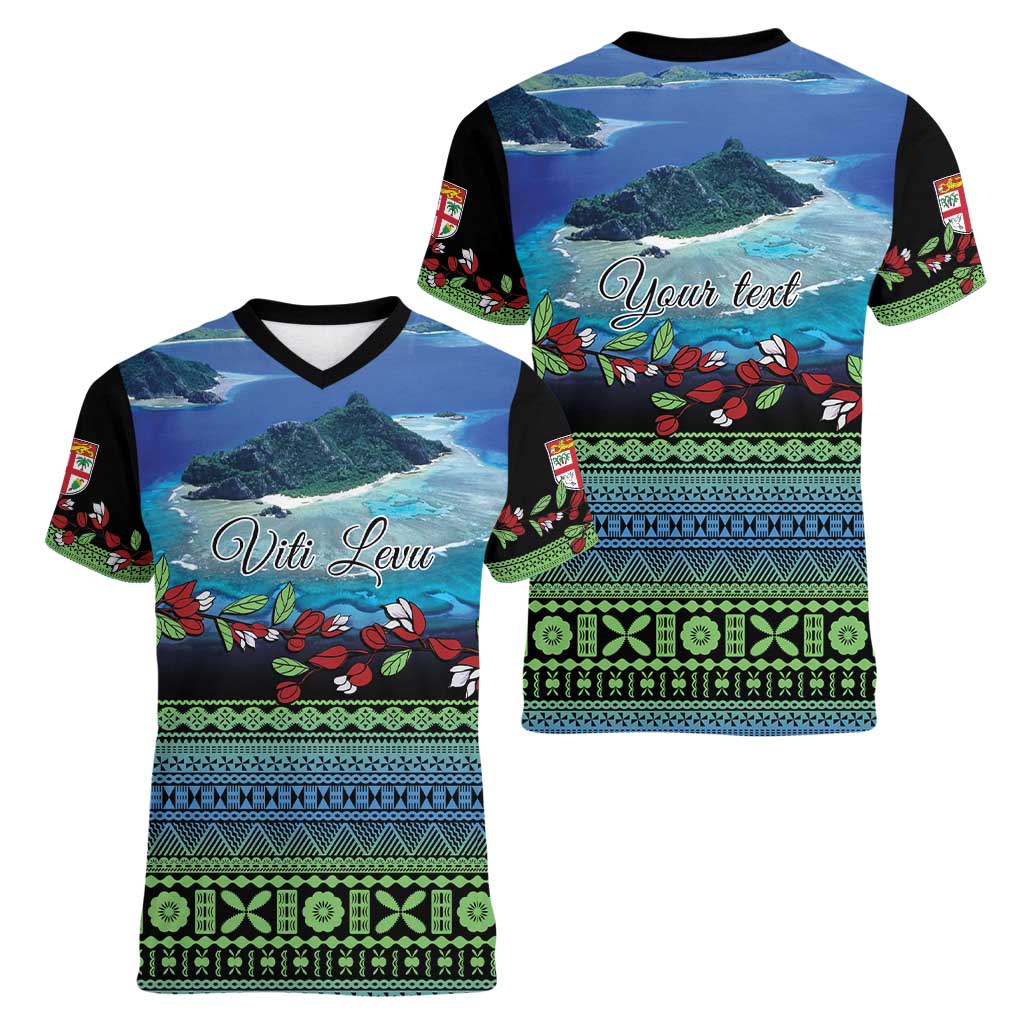Personalised Fiji Viti Levu Women V-Neck T-Shirt Tagimoucia and Tapa Tribal Pattern LT9 - Polynesian Pride