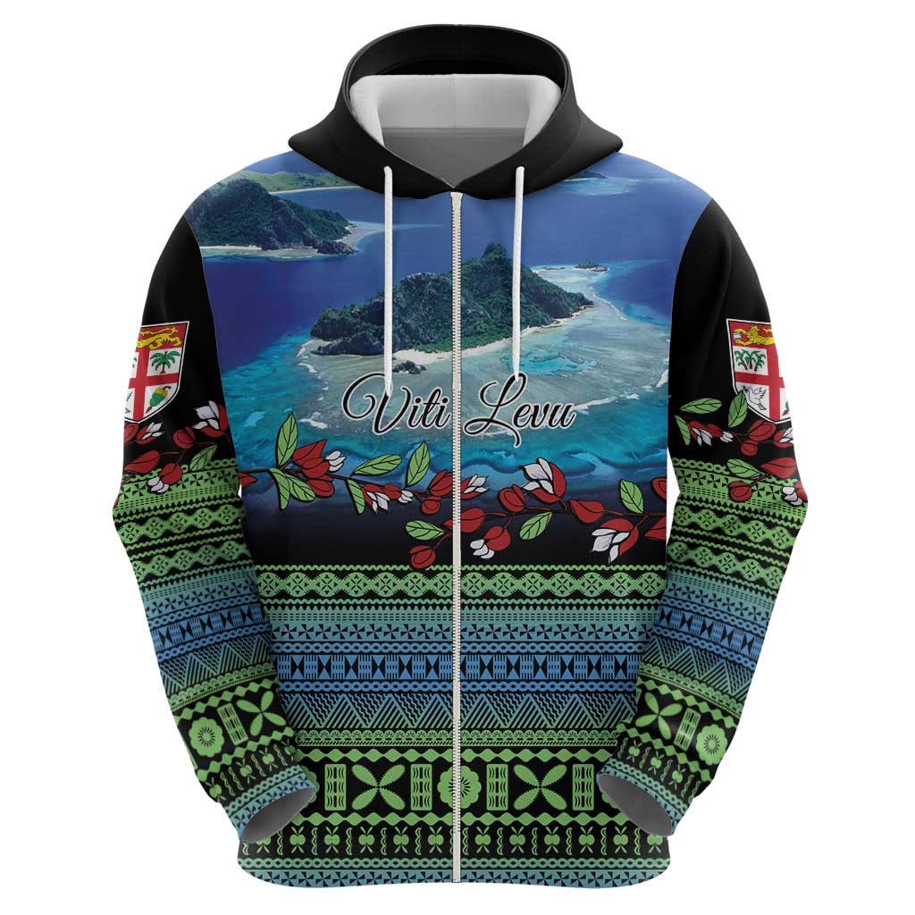 Personalised Fiji Viti Levu Zip Hoodie Tagimoucia and Tapa Tribal Pattern