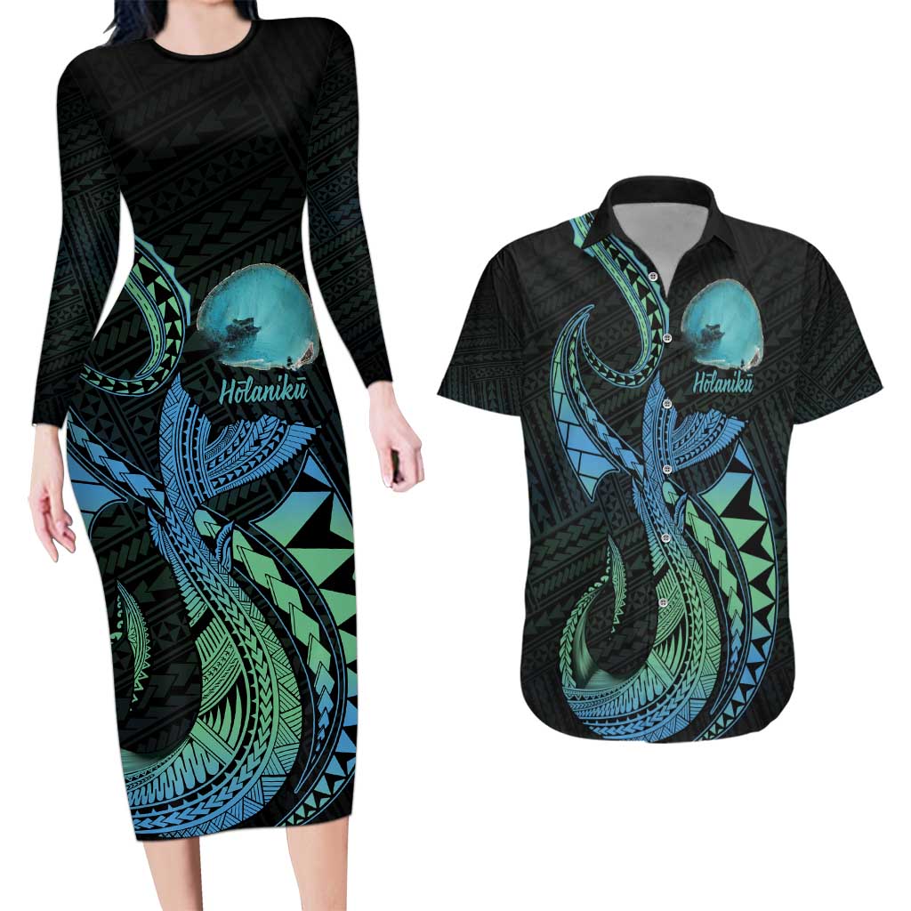 Personalised Hawaii Kure Atoll Couples Matching Long Sleeve Bodycon Dress and Hawaiian Shirt Holaniku Coral Reef with Polynesian Tribal LT9 Blue - Polynesian Pride
