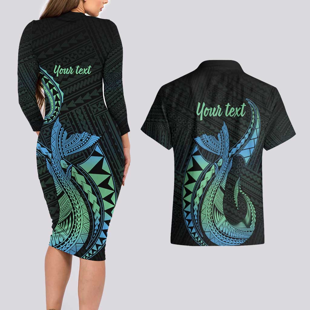 Personalised Hawaii Kure Atoll Couples Matching Long Sleeve Bodycon Dress and Hawaiian Shirt Holaniku Coral Reef with Polynesian Tribal LT9 - Polynesian Pride