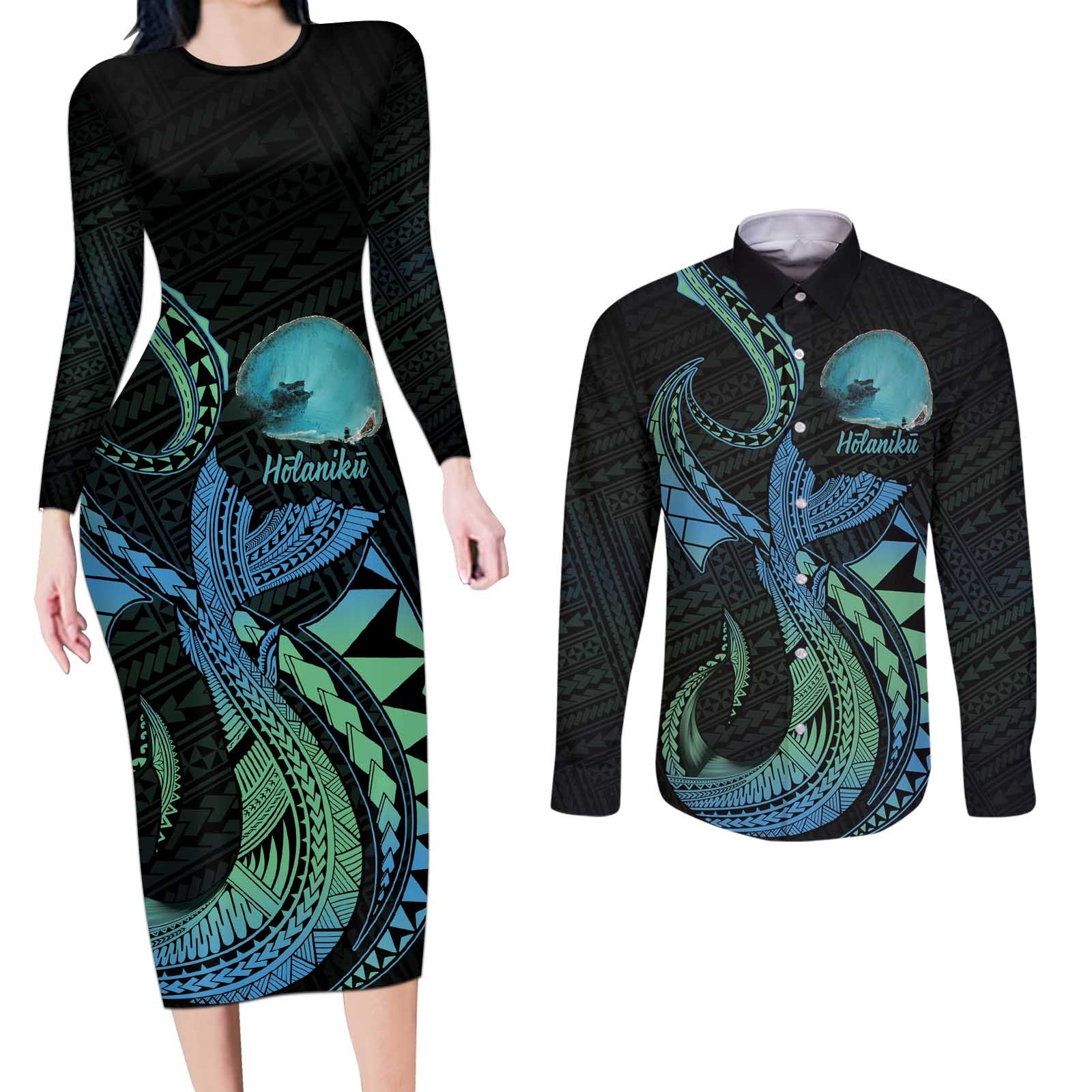 Personalised Hawaii Kure Atoll Couples Matching Long Sleeve Bodycon Dress and Long Sleeve Button Shirt Holaniku Coral Reef with Polynesian Tribal LT9 Blue - Polynesian Pride