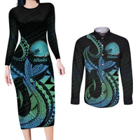 Personalised Hawaii Kure Atoll Couples Matching Long Sleeve Bodycon Dress and Long Sleeve Button Shirt Holaniku Coral Reef with Polynesian Tribal LT9 Blue - Polynesian Pride