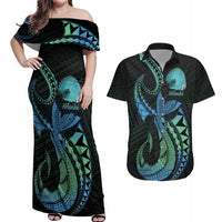Personalised Hawaii Kure Atoll Couples Matching Off Shoulder Maxi Dress and Hawaiian Shirt Holaniku Coral Reef with Polynesian Tribal LT9 Blue - Polynesian Pride