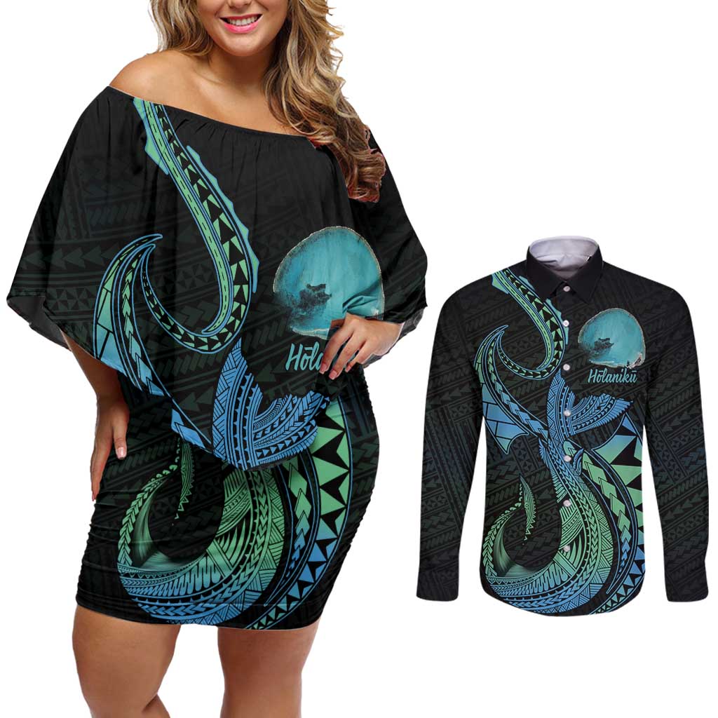 Personalised Hawaii Kure Atoll Couples Matching Off Shoulder Short Dress and Long Sleeve Button Shirt Holaniku Coral Reef with Polynesian Tribal LT9 Blue - Polynesian Pride