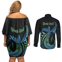 Personalised Hawaii Kure Atoll Couples Matching Off Shoulder Short Dress and Long Sleeve Button Shirt Holaniku Coral Reef with Polynesian Tribal LT9 - Polynesian Pride