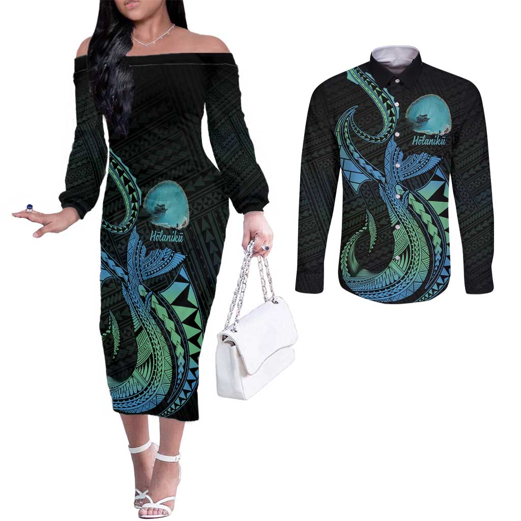 Personalised Hawaii Kure Atoll Couples Matching Off The Shoulder Long Sleeve Dress and Long Sleeve Button Shirt Holaniku Coral Reef with Polynesian Tribal LT9 Blue - Polynesian Pride