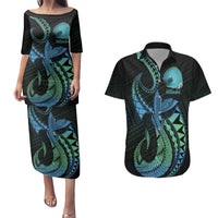Personalised Hawaii Kure Atoll Couples Matching Puletasi and Hawaiian Shirt Holaniku Coral Reef with Polynesian Tribal LT9 Blue - Polynesian Pride
