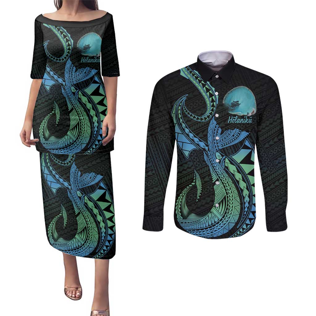 Personalised Hawaii Kure Atoll Couples Matching Puletasi and Long Sleeve Button Shirt Holaniku Coral Reef with Polynesian Tribal LT9 Blue - Polynesian Pride
