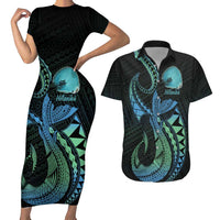 Personalised Hawaii Kure Atoll Couples Matching Short Sleeve Bodycon Dress and Hawaiian Shirt Holaniku Coral Reef with Polynesian Tribal LT9 Blue - Polynesian Pride