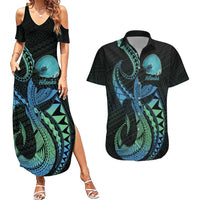 Personalised Hawaii Kure Atoll Couples Matching Summer Maxi Dress and Hawaiian Shirt Holaniku Coral Reef with Polynesian Tribal LT9 Blue - Polynesian Pride