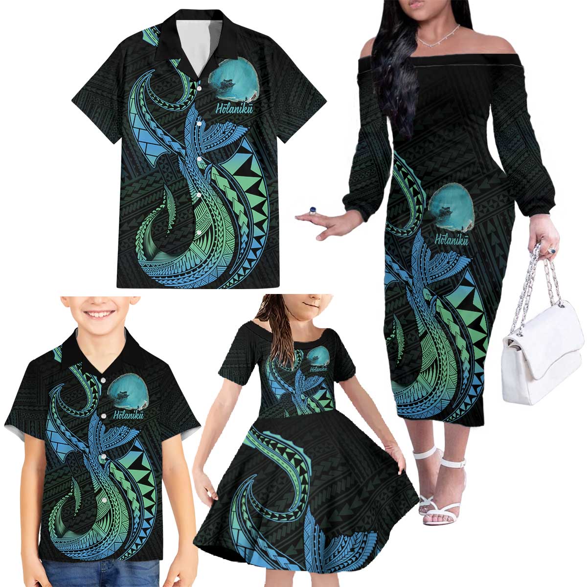 Personalised Hawaii Kure Atoll Family Matching Off The Shoulder Long Sleeve Dress and Hawaiian Shirt Holaniku Coral Reef with Polynesian Tribal LT9 - Polynesian Pride