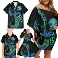 Personalised Hawaii Kure Atoll Family Matching Off Shoulder Short Dress and Hawaiian Shirt Holaniku Coral Reef with Polynesian Tribal LT9 - Polynesian Pride