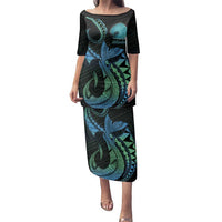 Personalised Hawaii Kure Atoll Family Matching Puletasi and Hawaiian Shirt Holaniku Coral Reef with Polynesian Tribal LT9 Mom's Dress Blue - Polynesian Pride