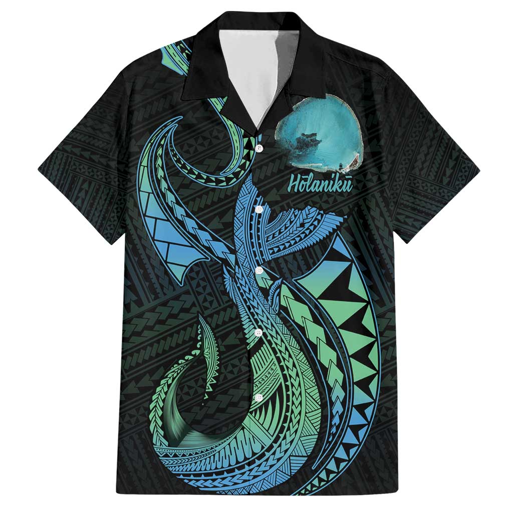 Personalised Hawaii Kure Atoll Family Matching Short Sleeve Bodycon Dress and Hawaiian Shirt Holaniku Coral Reef with Polynesian Tribal LT9 Dad's Shirt - Short Sleeve Blue - Polynesian Pride