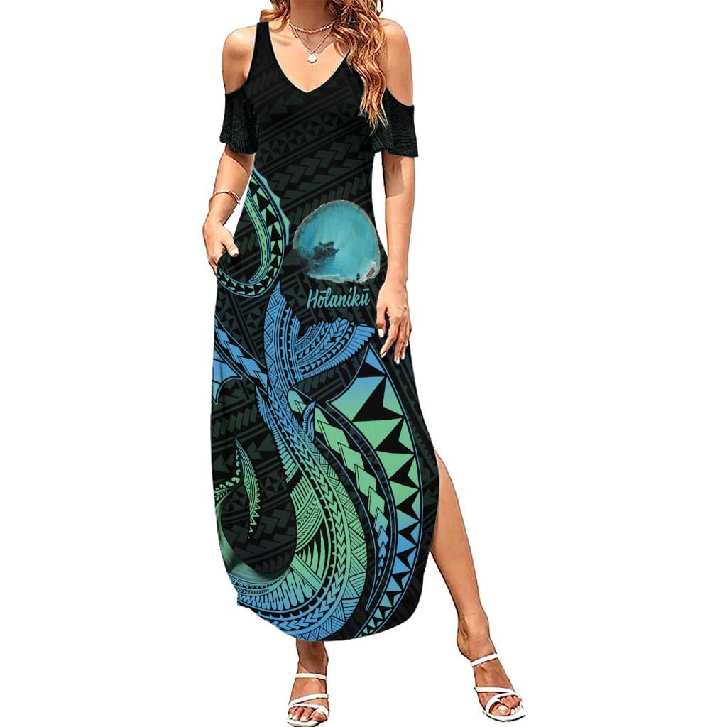 Personalised Hawaii Kure Atoll Family Matching Summer Maxi Dress and Hawaiian Shirt Holaniku Coral Reef with Polynesian Tribal LT9 Mom's Dress Blue - Polynesian Pride